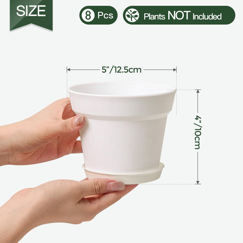 T4U 5 Inch Plant Pots 8-Pack - Small Plastic Planter with Drainage Hole and Saucer, Decorative Nursery Pot Bulk for African Violet, Snake Plant, Succulent and All House Plants Indoor (White) T4U