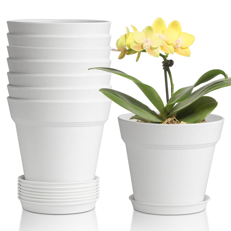 T4U 5 Inch Plant Pots 8-Pack - Small Plastic Planter with Drainage Hole and Saucer, Decorative Nursery Pot Bulk for African Violet, Snake Plant, Succulent and All House Plants Indoor (White) T4U