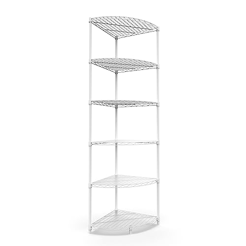 pouseayar 6 Tier NSF Metal Corner Shelf Wire Shelving Unit, 420lbs Capacity, Adjustable, with Leveling Feet and Waterproof Shelf Liners for Garage, Kitchen, and More - 72" H x 18" L x 18" D, White