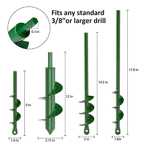 Auger Drill Bit for Planting 4 Pack -1.6x9", 1.6x17.8", 2x14.5" & 3.15x12"- Bulb Flowers Planter Tool, Garden Post Hole Digger, Umbrella Hole Drill Bit, for 3/8” Hex Drive Drill, Plant Rapid Planter