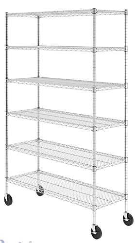 SafeRacks NSF Certified Storage Shelves, Heavy Duty Steel Wire Shelving Unit with Wheels and Adjustable Feet, Used as Pantry Shelf, Garage or Bakers Rack Kitchen Shelving - (18"x48"x72" 6-Tier)