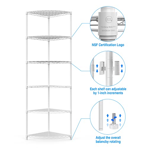 pouseayar 6 Tier NSF Metal Corner Shelf Wire Shelving Unit, 420lbs Capacity, Adjustable, with Leveling Feet and Waterproof Shelf Liners for Garage, Kitchen, and More - 72" H x 18" L x 18" D, White