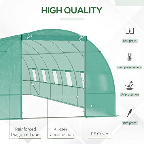 Outsunny 26.2' x 9.8' x 6.6' Outdoor Walk-in Tunnel Greenhouse with Roll-up Windows & Zippered Door, Steel Frame, & PE Cover