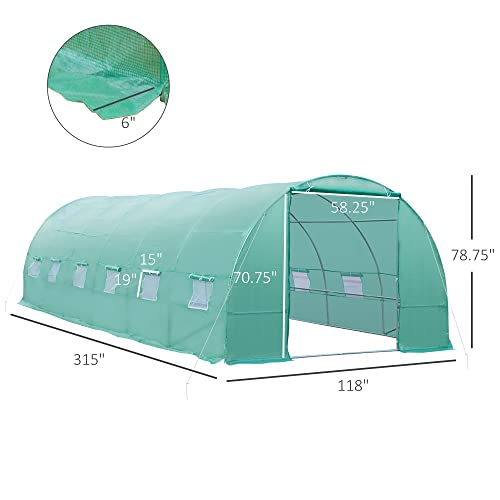 Outsunny 26.2' x 9.8' x 6.6' Outdoor Walk-in Tunnel Greenhouse with Roll-up Windows & Zippered Door, Steel Frame, & PE Cover