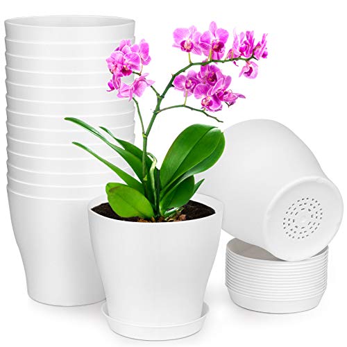 homenote Plant Pots, Set of 15 Plastic Planters with Multiple Drainage Holes and Tray 6 inch Indoor Plant Pot for All Home Garden Flowers Succulents (White)