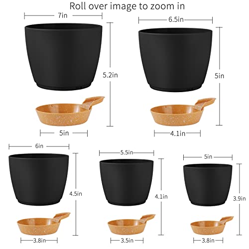 GARDIFE Plant Pots 7/6.5/6/5.5/5 Inch Self Watering Planters with Drainage Hole, Plastic Flower Pots, Nursery Planting Pot for All House Plants, Succulents,Snake Plant, African Violet, Flowers,Black