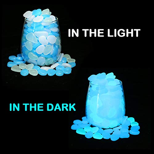 UNIME Glow in The Dark Garden Pebbles Stones Rocks for Yard and Walkways Decor, DIY Decorative Luminous Stones in Blue (200 PCS)