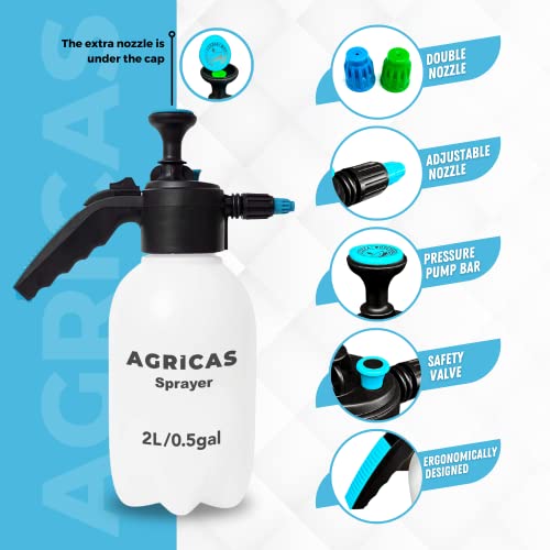 AGRICAS 0.5 Gallon Hand Pump Sprayer, 2L Garden Sprayer, Pressure Weed Sprayer, Handheld Pump Mister, Adjustable Nozzle, Lawn and Garden Care, Watering, Outdoor and Auto - Multi-Purpose