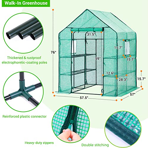 Greenhouse for Outdoors with Screen Windows, Ohuhu Walk in Plant Greenhouses Heavy Duty with Durable PE Cover, 3 Tiers 12 Shelves Stands 4.8x4.8x6.3 FT Plastic Portable Green House with Shelf Clips