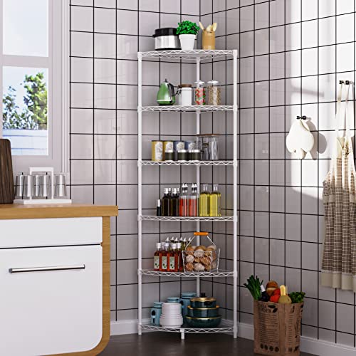 pouseayar 6 Tier NSF Metal Corner Shelf Wire Shelving Unit, 420lbs Capacity, Adjustable, with Leveling Feet and Waterproof Shelf Liners for Garage, Kitchen, and More - 72" H x 18" L x 18" D, White