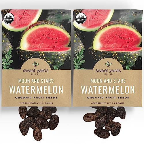 Sweet Yards Seed Co. Organic Watermelon Seeds ‘Moon and Stars’ – Two Seed Packets! – Approx. 20 Open Pollinated Heirloom Non-GMO Seeds