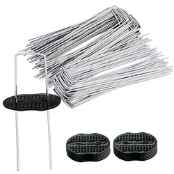 100 pcs 6 inch U-Shaped Landscape Staples and 10 pcs Fixing Gasket Sets, Garden Landscape Staples are Suitable for Outdoor Irrigation Hoses, Artificial Turf Nails, Fixed Fences and Tents, etc.