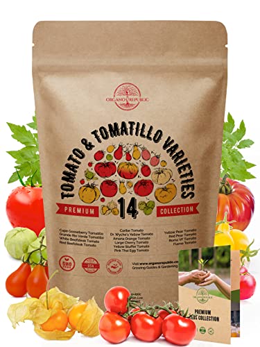 14 Rare Tomato & Tomatillo Garden Seeds Variety Pack for Planting Outdoors & Indoor Home Gardening 800+ Non-GMO Heirloom Tomato & Tomatillo Seeds: Beefsteak, Roma, Pear, Thai, Cherry Tomatoes & More