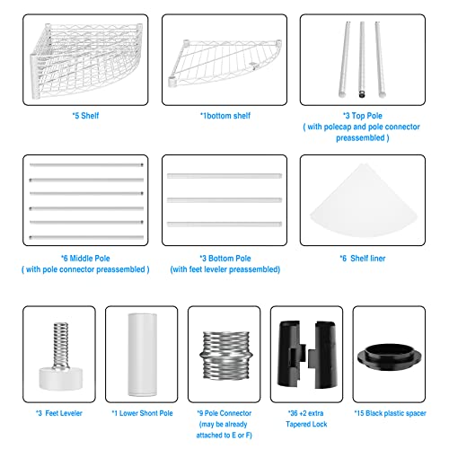 pouseayar 6 Tier NSF Metal Corner Shelf Wire Shelving Unit, 420lbs Capacity, Adjustable, with Leveling Feet and Waterproof Shelf Liners for Garage, Kitchen, and More - 72" H x 18" L x 18" D, White