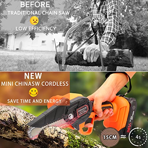 Mini Chainsaw Cordless 6-Inch with 2 Battery, Mini Power Chain Saw with Security Lock, Handheld Small Chainsaw for Tree Trimming Wood Cutting