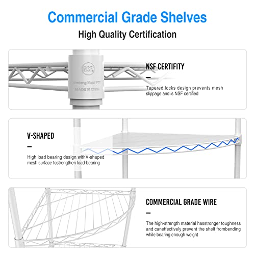 pouseayar 6 Tier NSF Metal Corner Shelf Wire Shelving Unit, 420lbs Capacity, Adjustable, with Leveling Feet and Waterproof Shelf Liners for Garage, Kitchen, and More - 72" H x 18" L x 18" D, White