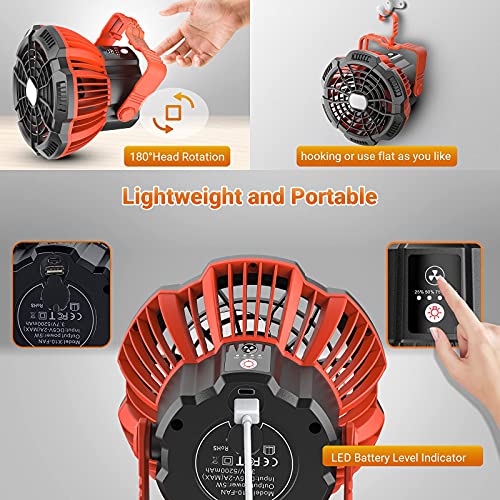 Portable Fan Camping Fan for Tents, 25 Hours Work-time Camping Lantern Ceiling Tent Fan Desk Fan with 7800mAh Power Bank, Clip and Remote, Usb Rechargeable Fan