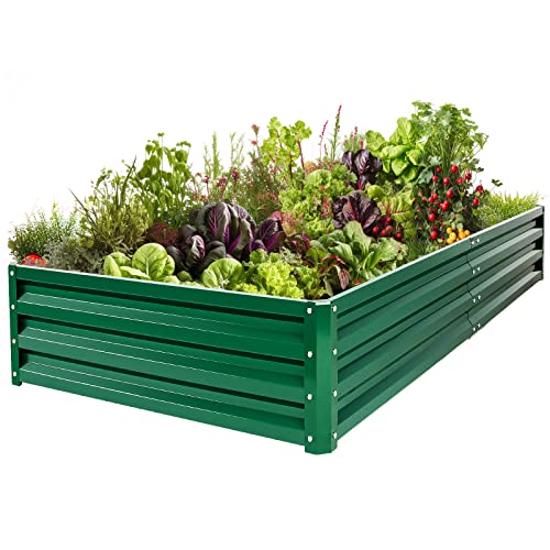 BLUU 8×4×1FT Galvanized Raised Garden Bed Metal Planter Box Outdoor for Vegetables, Flowers, Herbs with 10pcs T-Type Tags & a Pair of Gloves, Green