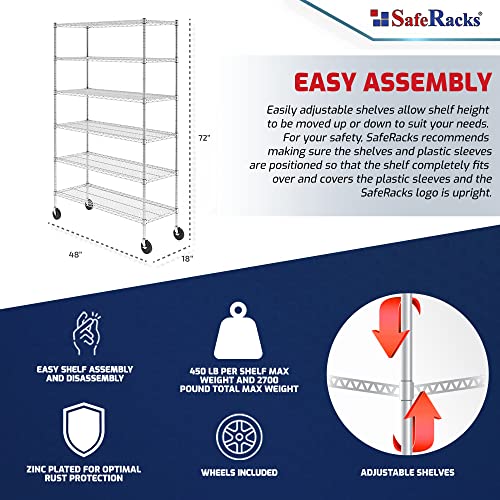 SafeRacks NSF Certified Storage Shelves, Heavy Duty Steel Wire Shelving Unit with Wheels and Adjustable Feet, Used as Pantry Shelf, Garage or Bakers Rack Kitchen Shelving - (18"x48"x72" 6-Tier)