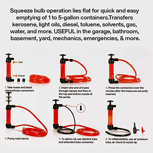 Katzco Liquid Transfer, Siphon Hand Pump - 2 Hoses, 50 x .5 Inches - for Gas, Oil, Air, Chemical Insecticides, and Other Fluids