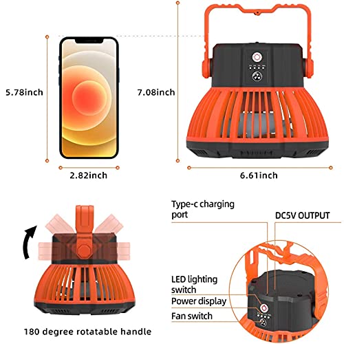 Portable Fan Camping Fan for Tents, 25 Hours Work-time Camping Lantern Ceiling Tent Fan Desk Fan with 7800mAh Power Bank, Clip and Remote, Usb Rechargeable Fan