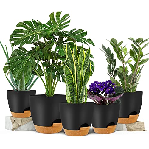 GARDIFE Plant Pots 7/6.5/6/5.5/5 Inch Self Watering Planters with Drainage Hole, Plastic Flower Pots, Nursery Planting Pot for All House Plants, Succulents,Snake Plant, African Violet, Flowers,Black