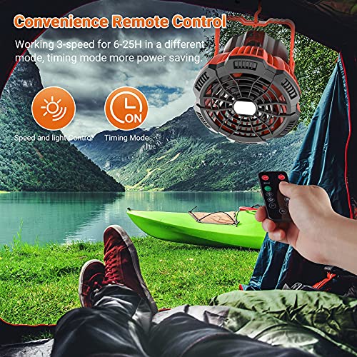 Portable Fan Camping Fan for Tents, 25 Hours Work-time Camping Lantern Ceiling Tent Fan Desk Fan with 7800mAh Power Bank, Clip and Remote, Usb Rechargeable Fan