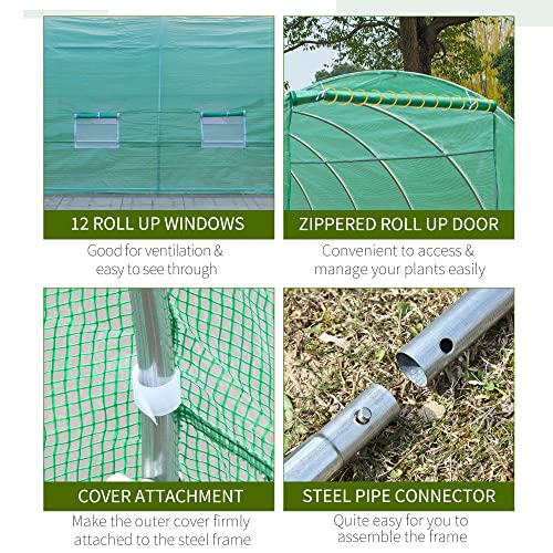 Outsunny 26.2' x 9.8' x 6.6' Outdoor Walk-in Tunnel Greenhouse with Roll-up Windows & Zippered Door, Steel Frame, & PE Cover