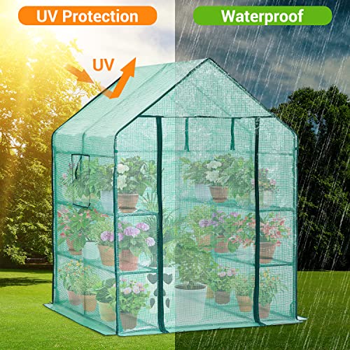 Greenhouse for Outdoors with Screen Windows, Ohuhu Walk in Plant Greenhouses Heavy Duty with Durable PE Cover, 3 Tiers 12 Shelves Stands 4.8x4.8x6.3 FT Plastic Portable Green House with Shelf Clips - 💙 Blu Rose's Garden LLC 💙